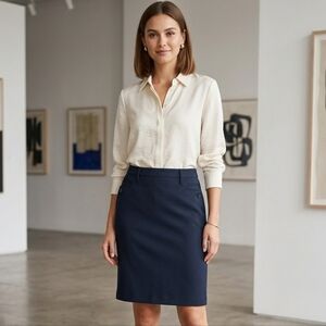 Le Grenier Navy Blue High-Waisted Pencil Skirt, Midi Skirt,Size S